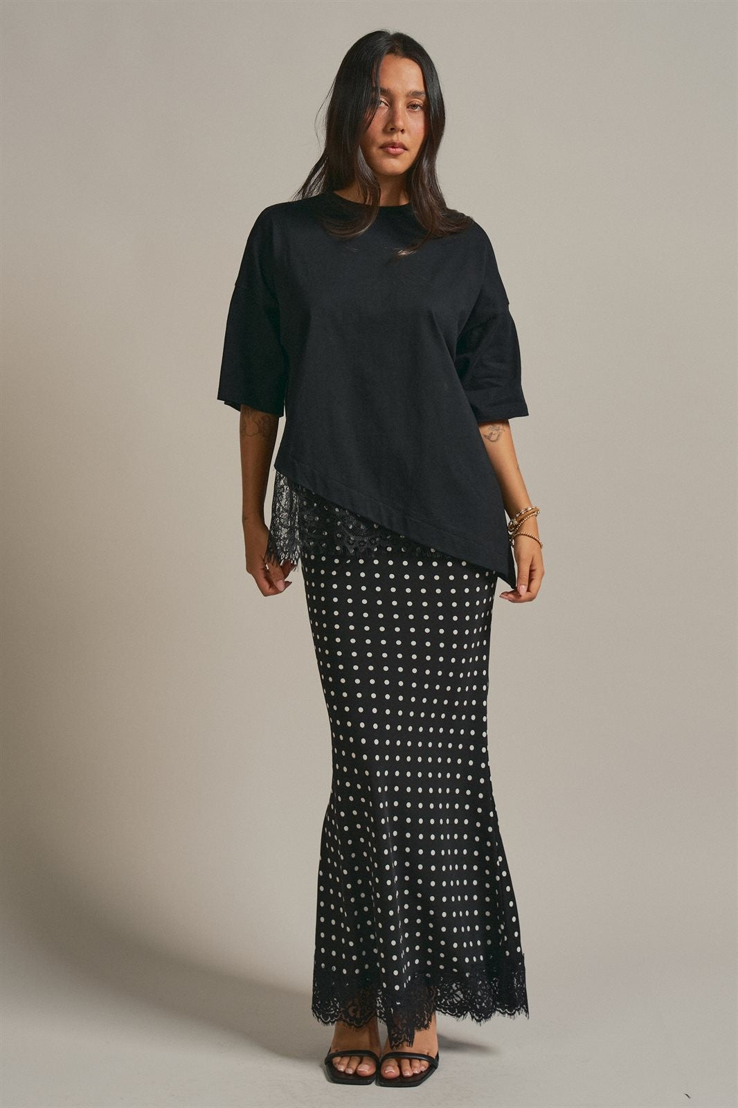 Polka Dot Satin Maxi Skirt With Lace Trim in Black - Women's Skirts | Urban Daizy