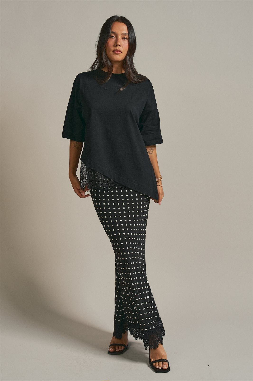 Polka Dot Satin Maxi Skirt With Lace Trim in Black - Women's Skirts | Urban Daizy