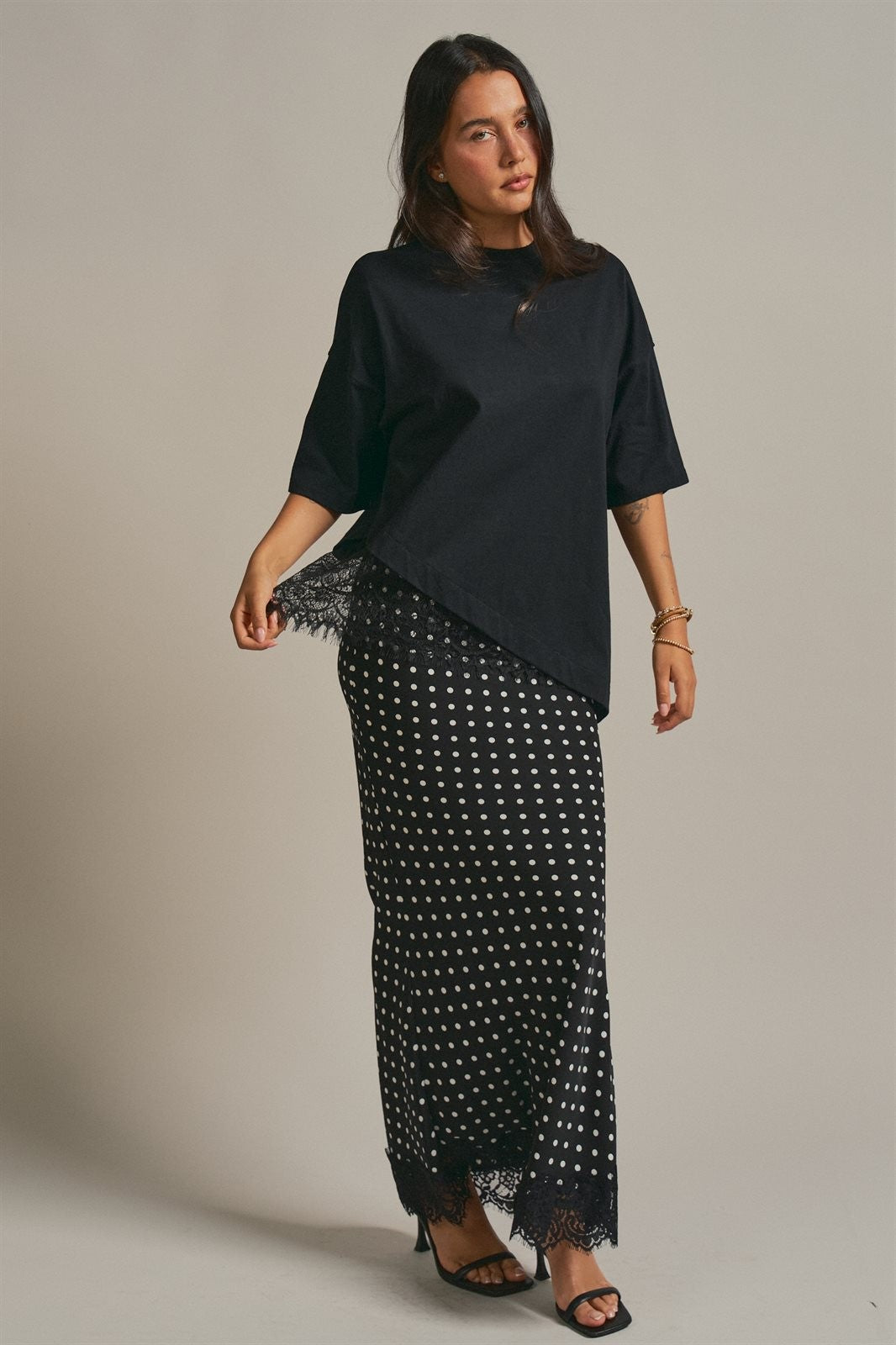 Polka Dot Satin Maxi Skirt With Lace Trim in Black - Women's Skirts | Urban Daizy