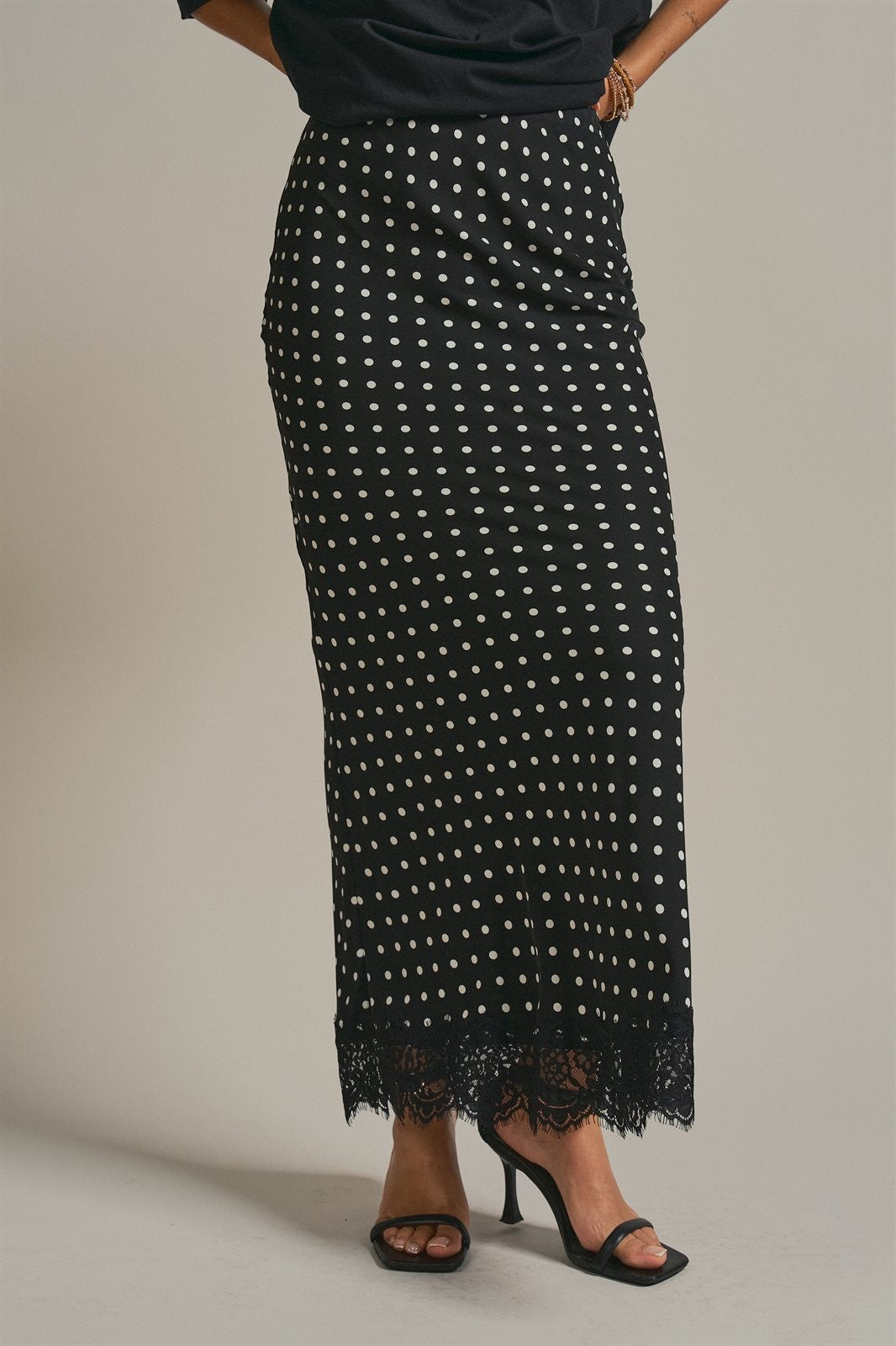 Polka Dot Satin Maxi Skirt With Lace Trim in Black - Women's Skirts | Urban Daizy