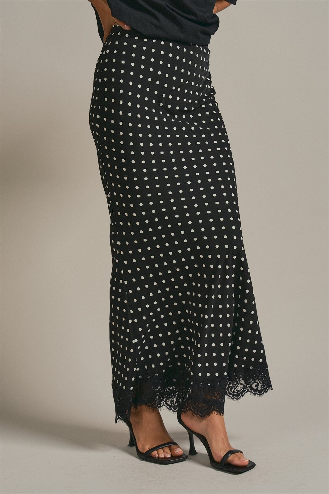 Polka Dot Satin Maxi Skirt With Lace Trim in Black - Women's Skirts | Urban Daizy