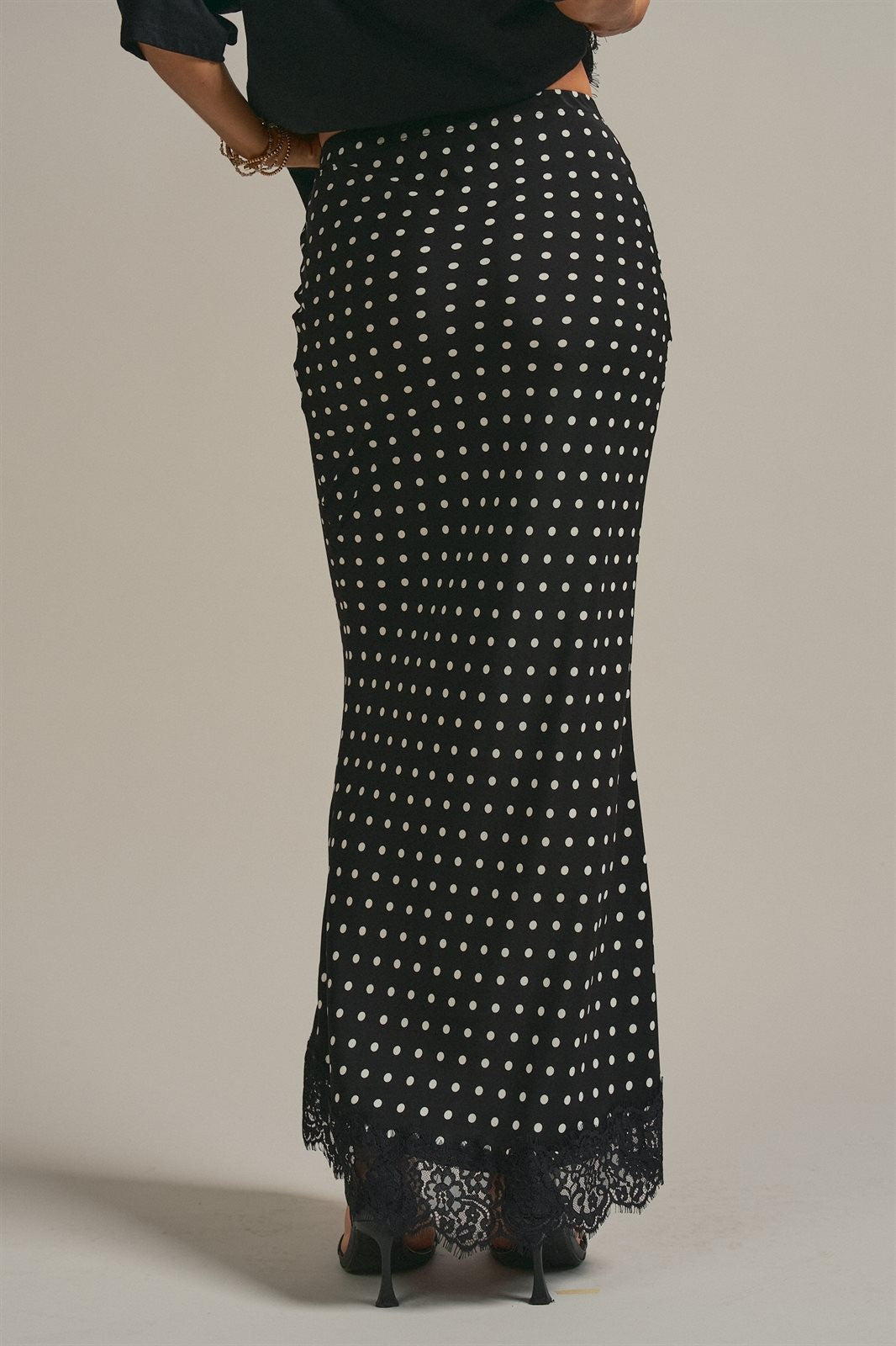 Polka Dot Satin Maxi Skirt With Lace Trim in Black - Women's Skirts | Urban Daizy