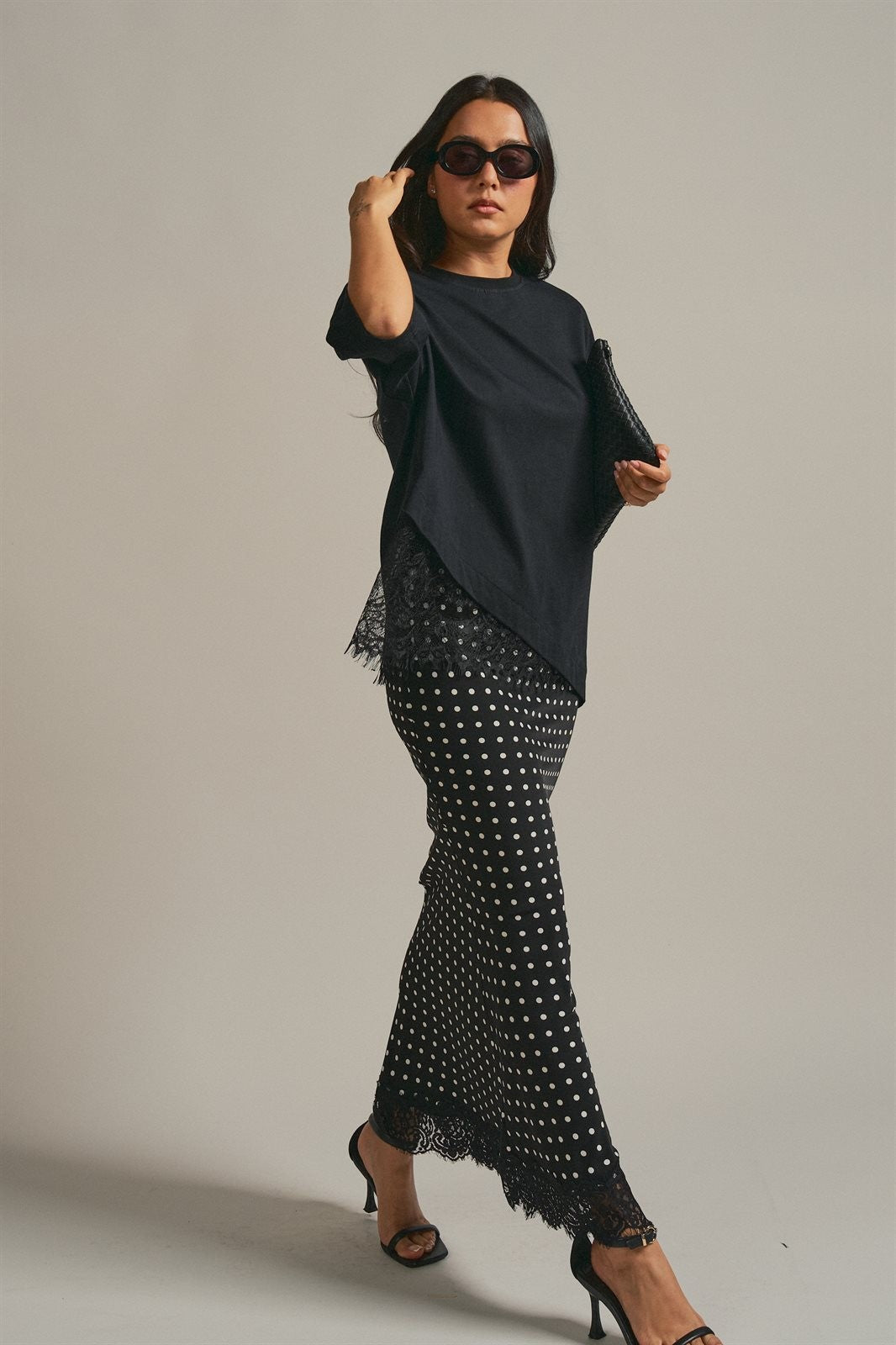 Polka Dot Satin Maxi Skirt With Lace Trim in Black - Women's Skirts | Urban Daizy