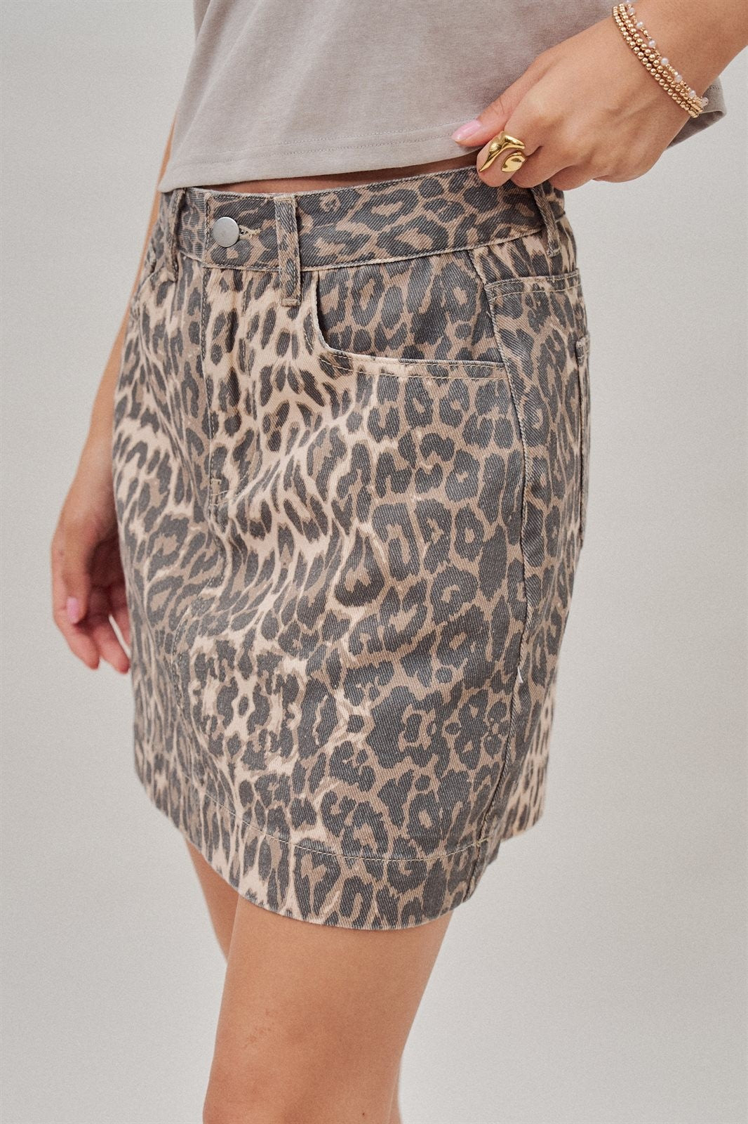Leopard Print Denim Mini Skirt with Pockets in Leopard - Women's Skirts | Urban Daizy