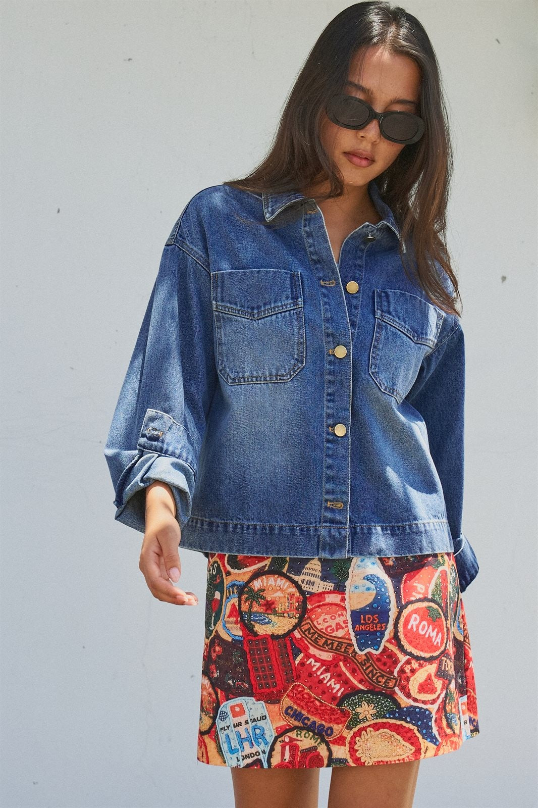 Travel Patch Print A-Line Mini Skirt in Multi - Women's Skirts | Urban Daizy