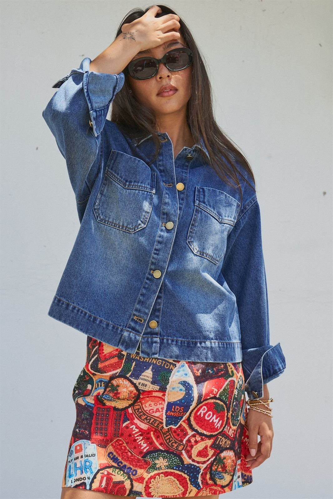 Travel Patch Print A-Line Mini Skirt in Multi - Women's Skirts | Urban Daizy
