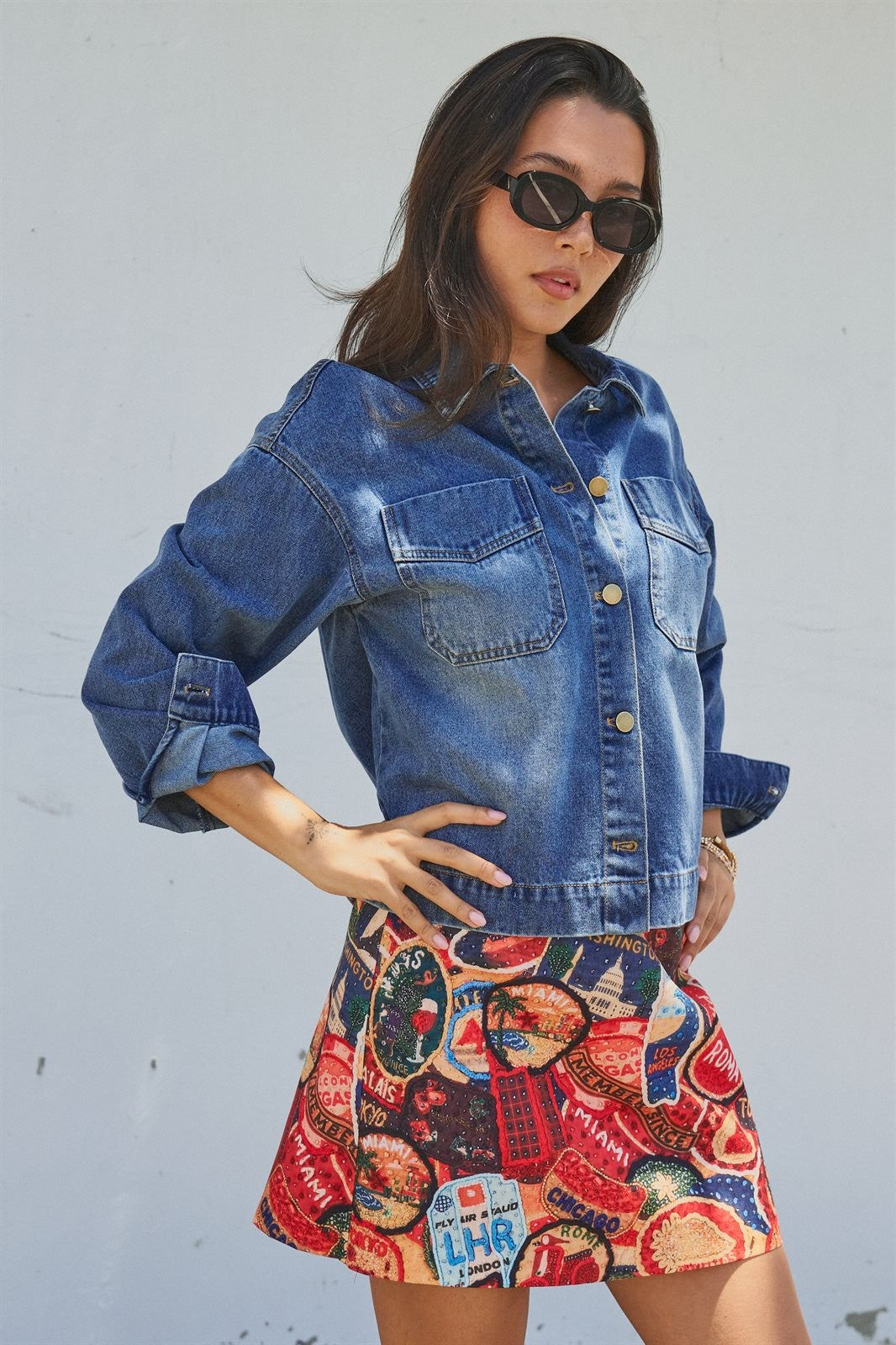 Travel Patch Print A-Line Mini Skirt in Multi - Women's Skirts | Urban Daizy