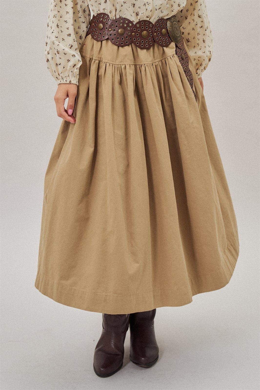 Gathered Cotton Twill Drawstring Midi Skirt in Taupe	 - Women's Skirts | Urban Daizy
