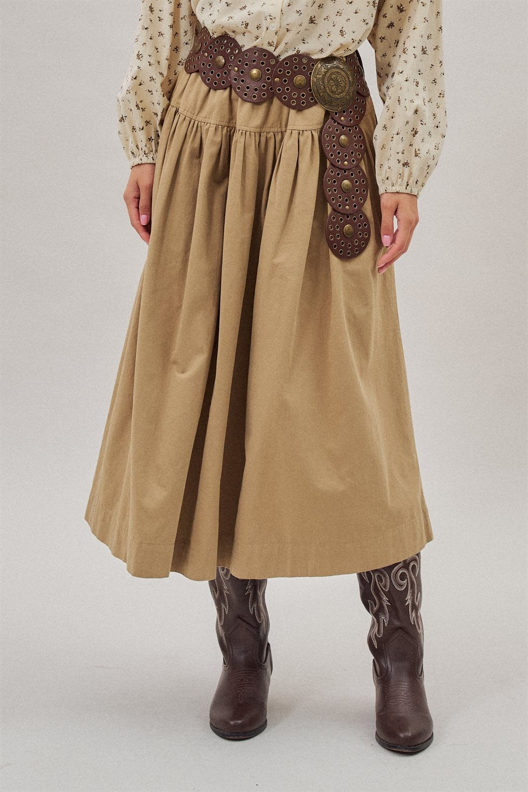 Gathered Cotton Twill Drawstring Midi Skirt in Taupe	 - Women's Skirts | Urban Daizy