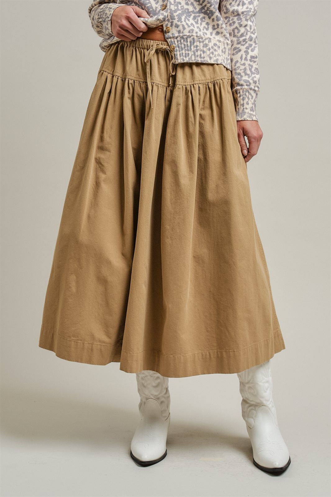 Gathered Cotton Twill Drawstring Midi Skirt in Taupe	 - Women's Skirts | Urban Daizy