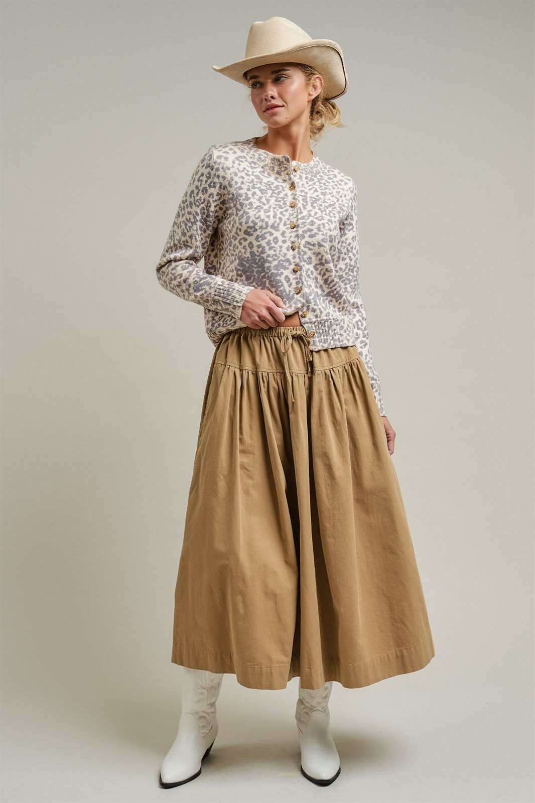 Gathered Cotton Twill Drawstring Midi Skirt in Taupe	 - Women's Skirts | Urban Daizy