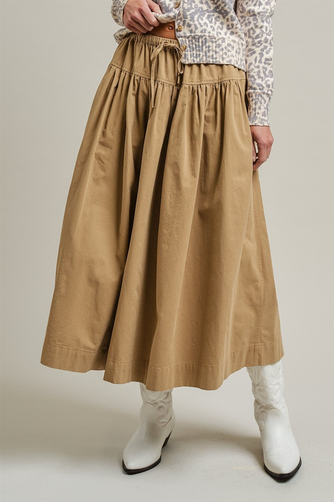 Gathered Cotton Twill Drawstring Midi Skirt in Taupe	 - Women's Skirts | Urban Daizy