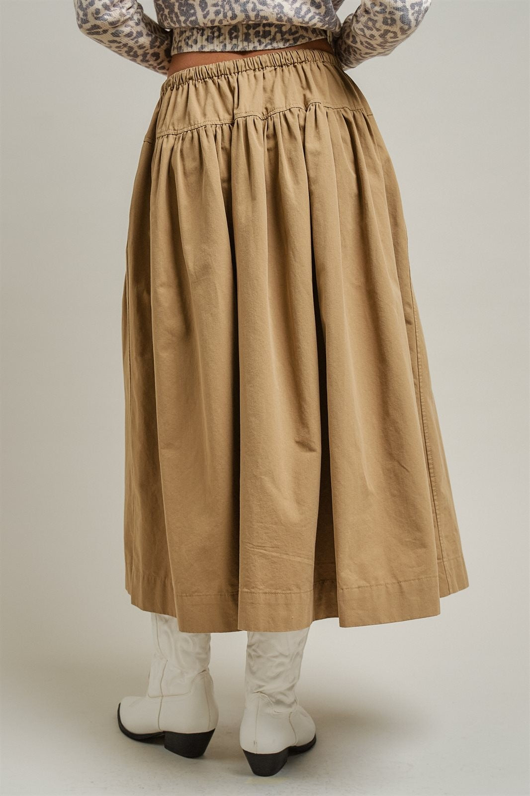 Gathered Cotton Twill Drawstring Midi Skirt in Taupe	 - Women's Skirts | Urban Daizy