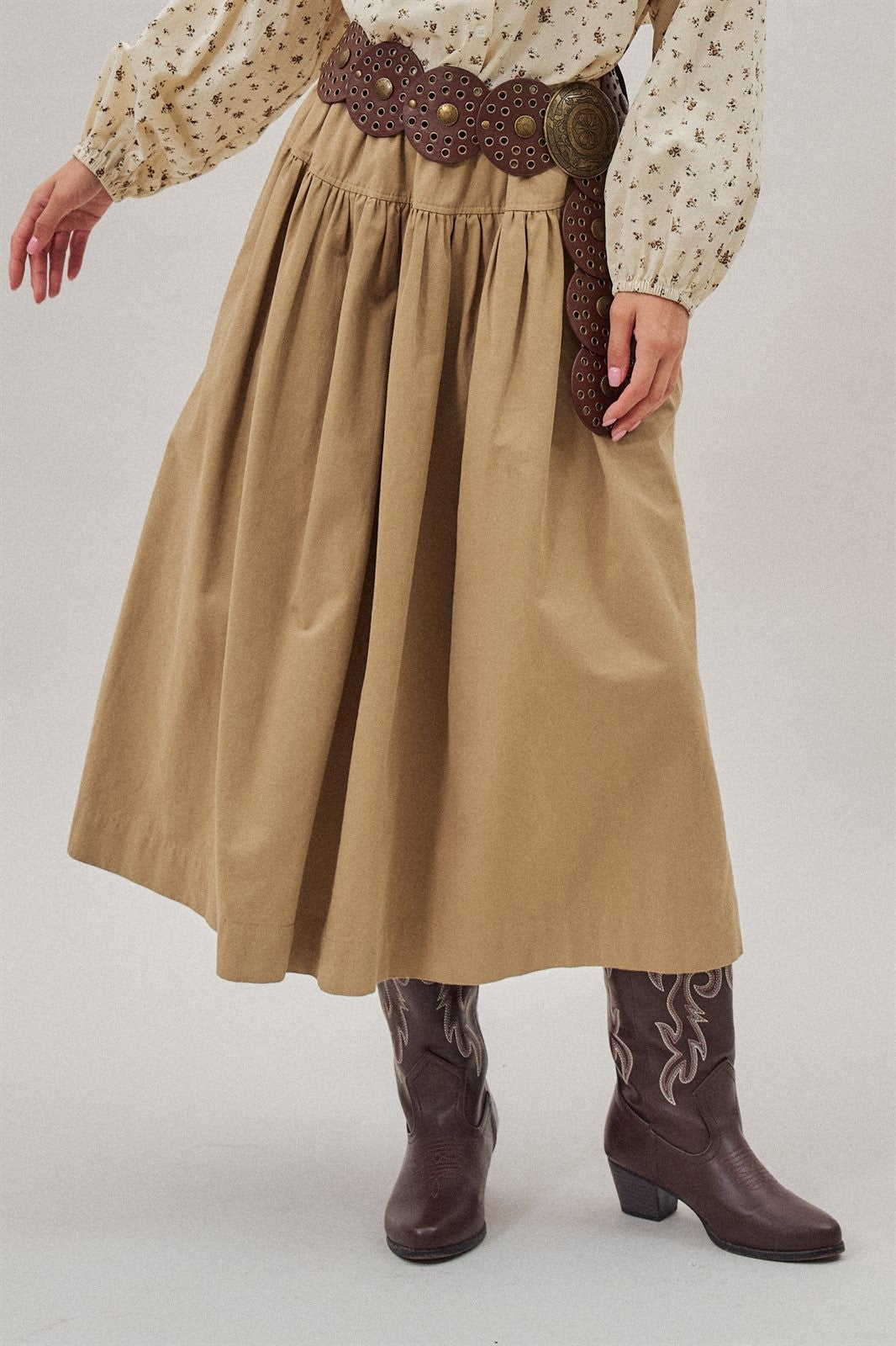 Gathered Cotton Twill Drawstring Midi Skirt in Taupe	 - Women's Skirts | Urban Daizy