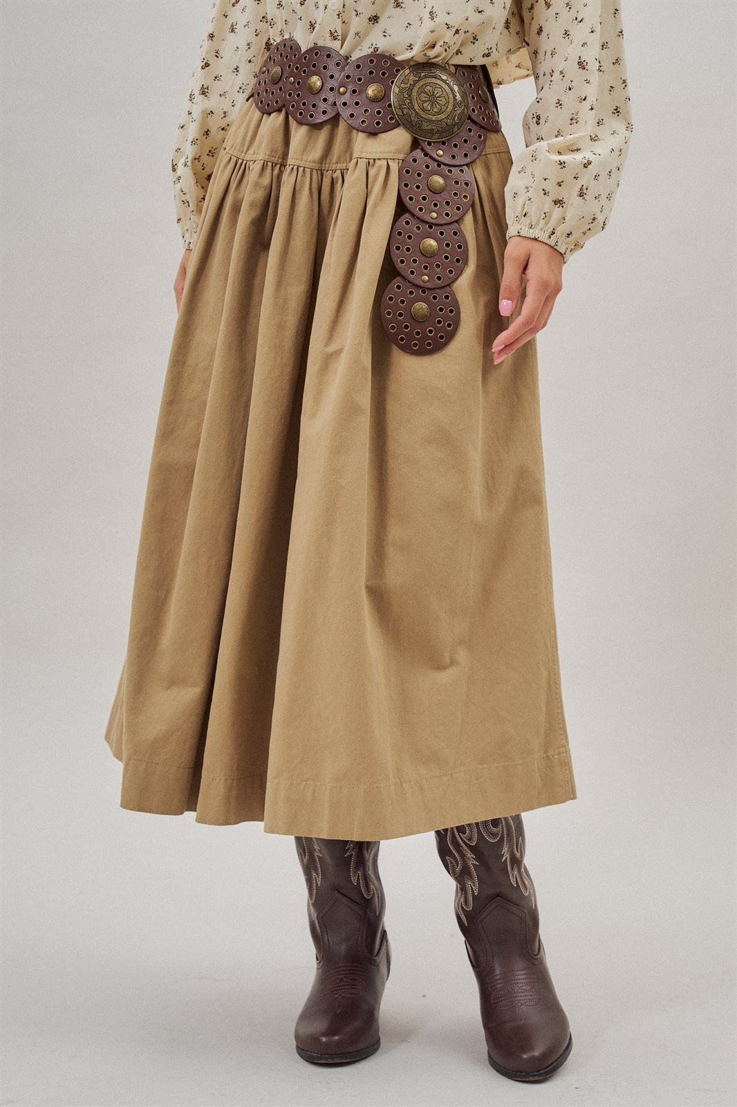 Gathered Cotton Twill Drawstring Midi Skirt in Taupe	 - Women's Skirts | Urban Daizy