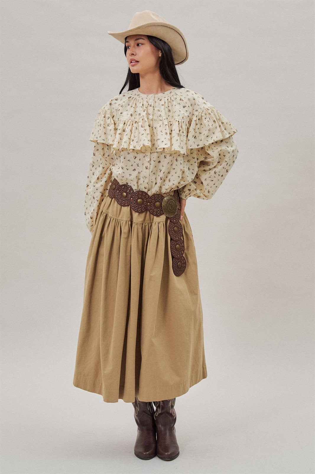 Gathered Cotton Twill Drawstring Midi Skirt in Taupe	 - Women's Skirts | Urban Daizy