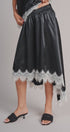 Lace Trim Satin Asymmetric Midi Skirt in Black - Women's Midi Skirts | Urban Daizy