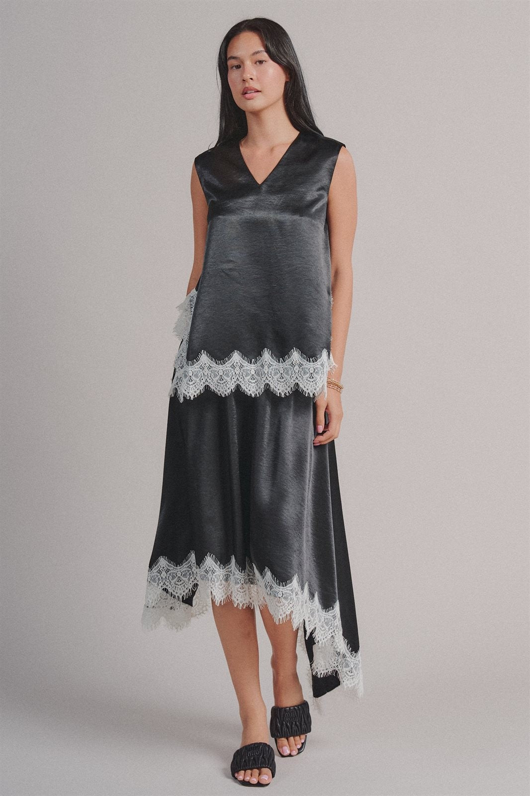Lace Trim Satin Asymmetric Midi Skirt in Black - Women's Midi Skirts | Urban Daizy