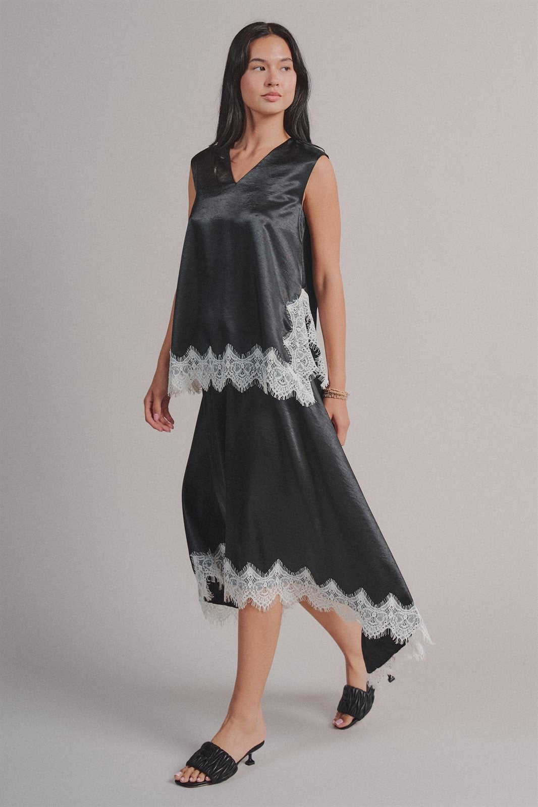 Lace Trim Satin Asymmetric Midi Skirt in Black - Women's Midi Skirts | Urban Daizy