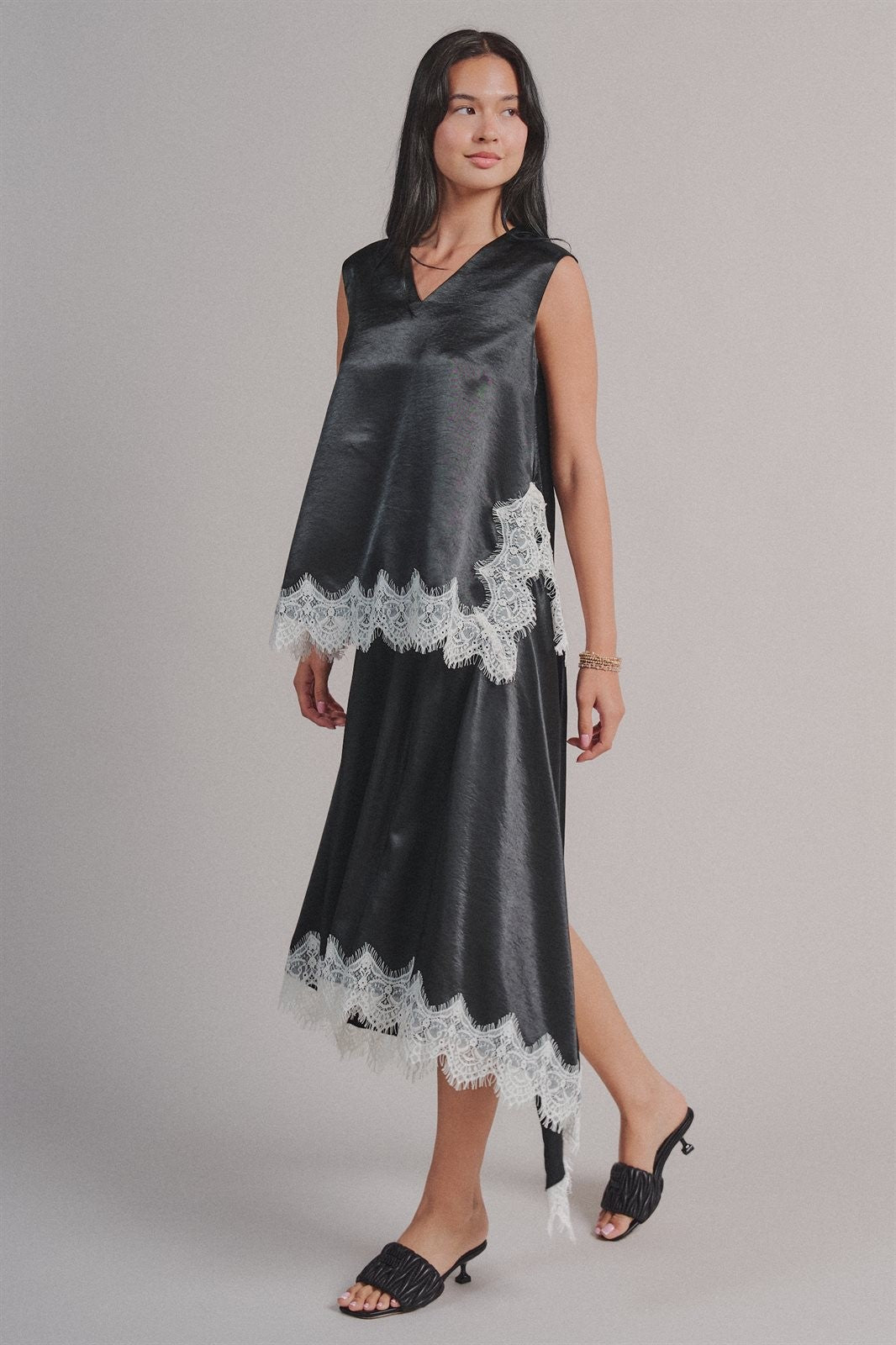 Lace Trim Satin Asymmetric Midi Skirt in Black - Women's Midi Skirts | Urban Daizy