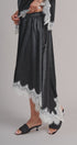 Lace Trim Satin Asymmetric Midi Skirt in Black - Women's Midi Skirts | Urban Daizy