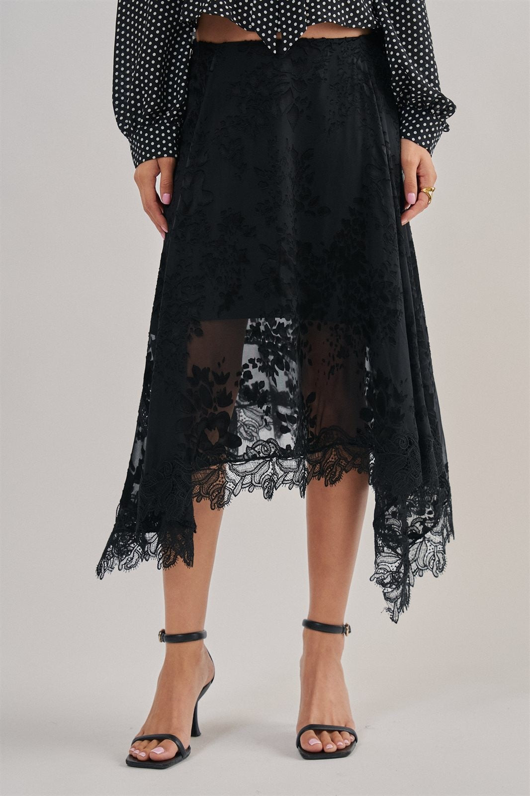 Burnout Floral Lace Hem Midi Skirt in Black - Women's Midi Skirts | Urban Daizy