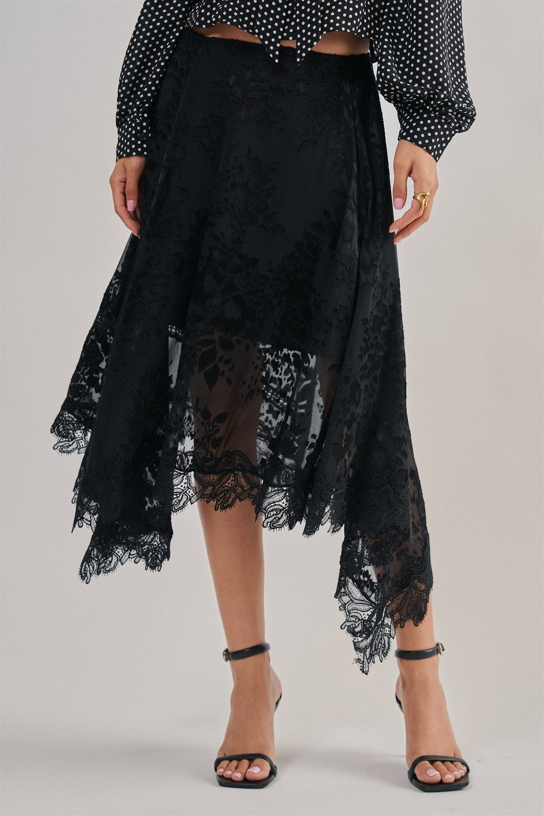 Burnout Floral Lace Hem Midi Skirt in Black - Women's Midi Skirts | Urban Daizy