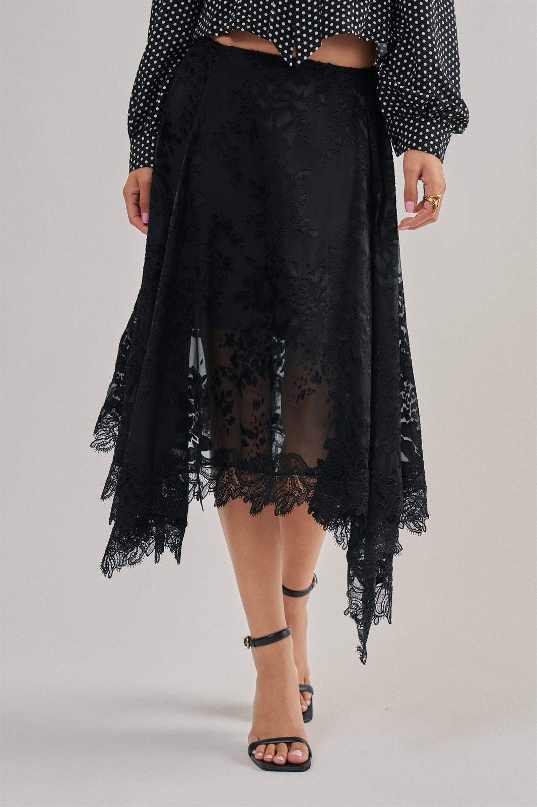 Burnout Floral Lace Hem Midi Skirt in Black - Women's Midi Skirts | Urban Daizy