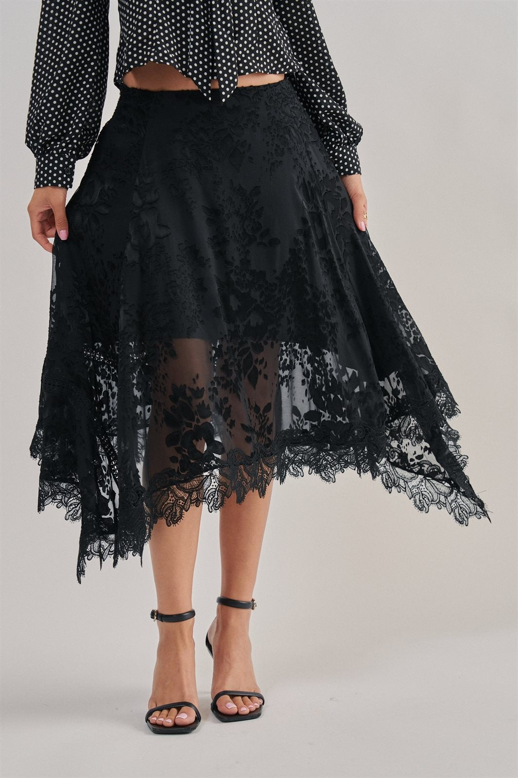 Burnout Floral Lace Hem Midi Skirt in Black - Women's Midi Skirts | Urban Daizy