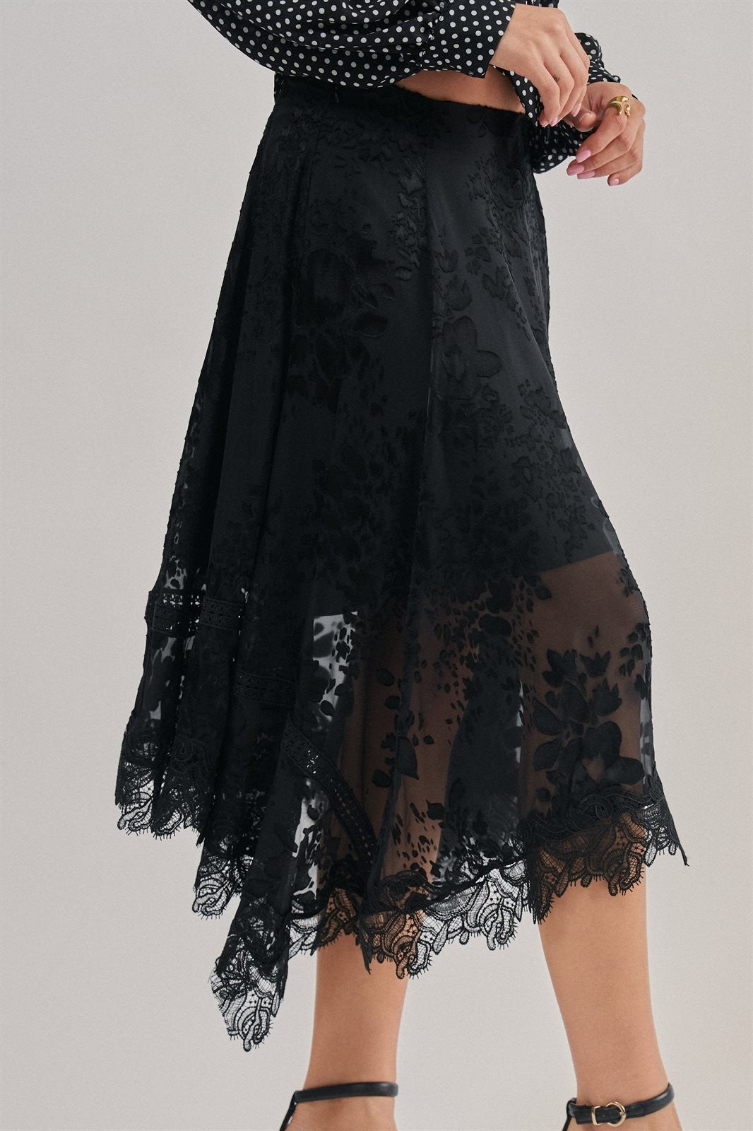 Burnout Floral Lace Hem Midi Skirt in Black - Women's Midi Skirts | Urban Daizy