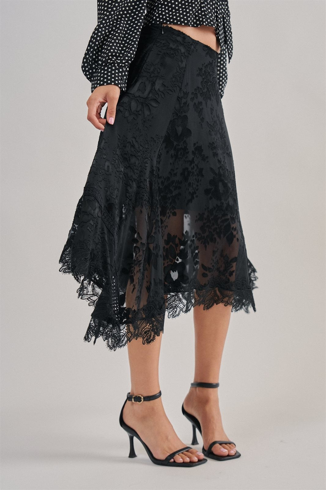 Burnout Floral Lace Hem Midi Skirt in Black - Women's Midi Skirts | Urban Daizy
