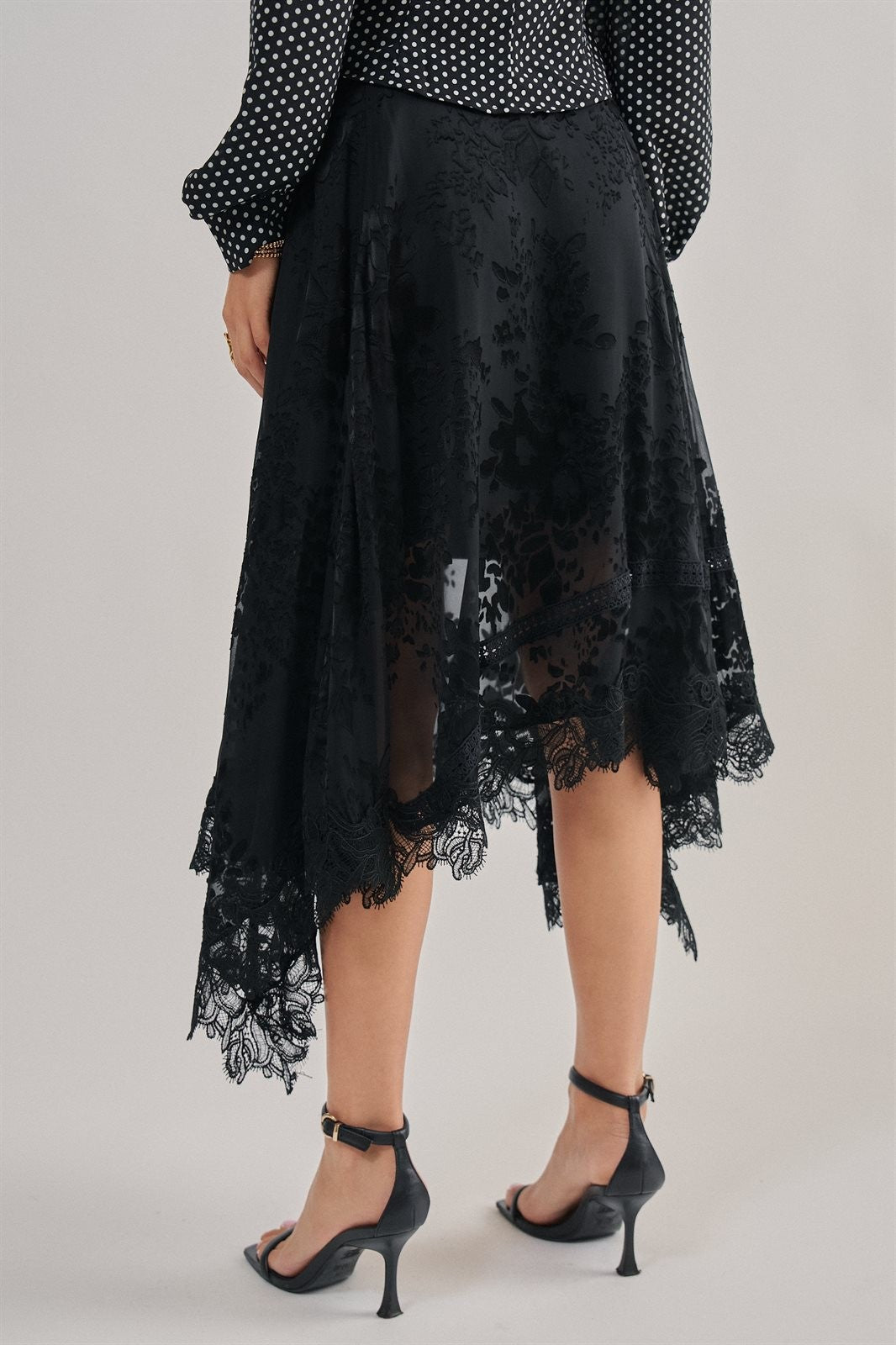 Burnout Floral Lace Hem Midi Skirt in Black - Women's Midi Skirts | Urban Daizy