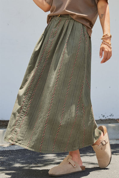 Embroidered Cotton Twill Belted Midi Skirt
