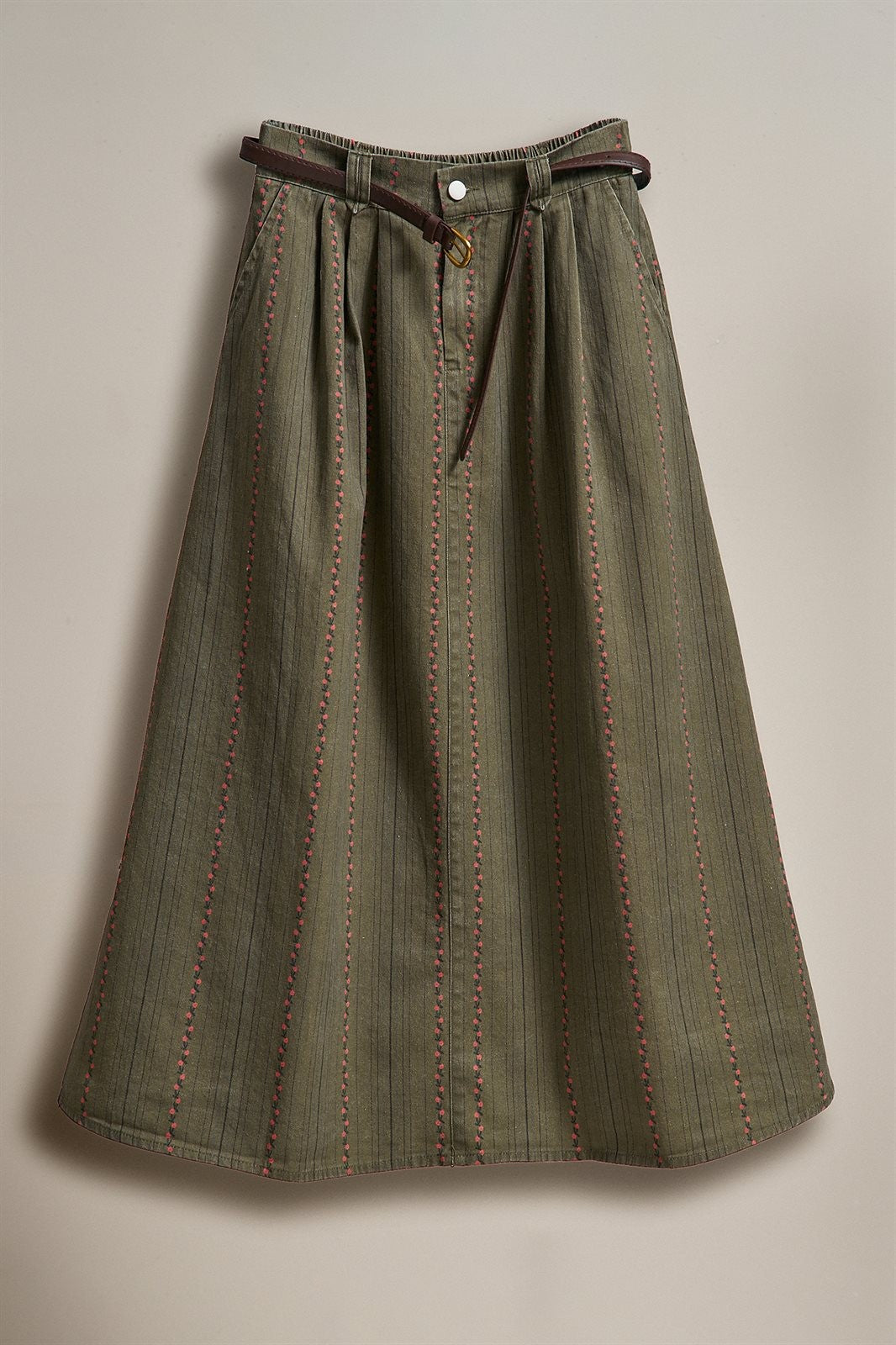 Floral Embroidered Cotton Twill Midi Skirt with Belt in Olive - Women's Skirts | Urban Daizy