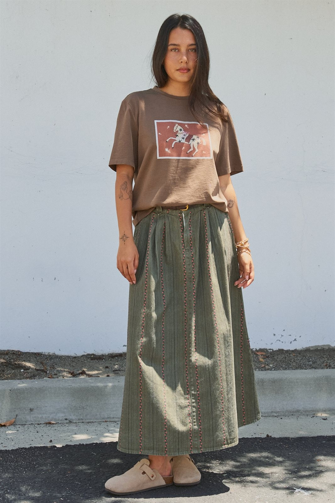 Floral Embroidered Cotton Twill Midi Skirt with Belt in Olive - Women's Skirts | Urban Daizy