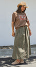 Floral Embroidered Cotton Twill Midi Skirt with Belt in Olive - Women's Skirts | Urban Daizy