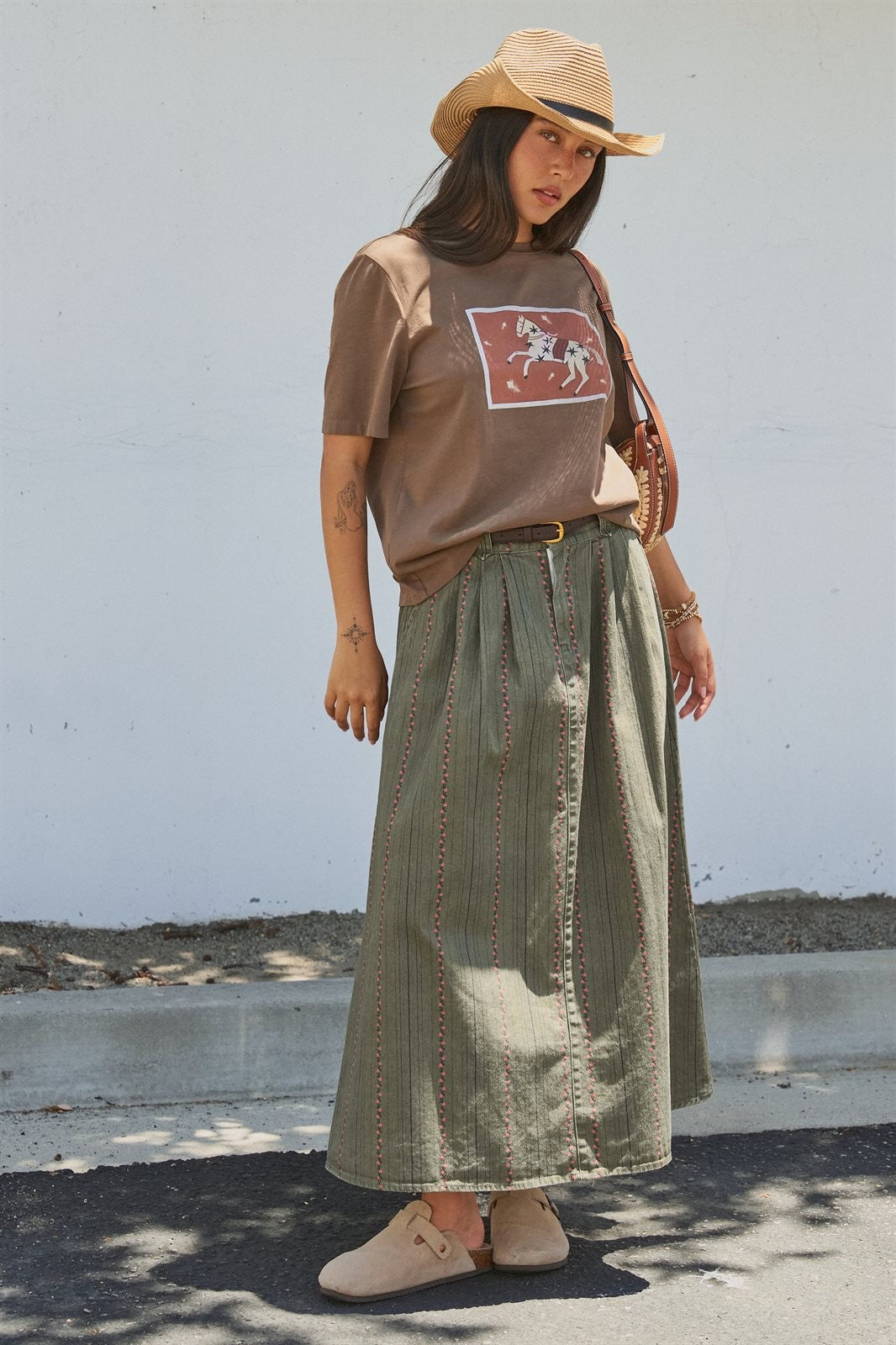 Floral Embroidered Cotton Twill Midi Skirt with Belt in Olive - Women's Skirts | Urban Daizy