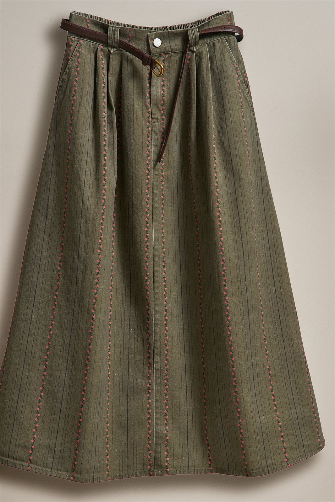 Floral Embroidered Cotton Twill Midi Skirt with Belt in Olive - Women's Skirts | Urban Daizy