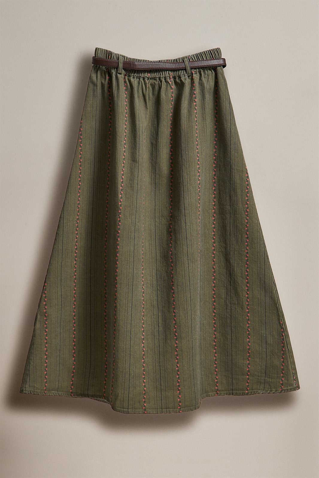Floral Embroidered Cotton Twill Midi Skirt with Belt in Olive - Women's Skirts | Urban Daizy