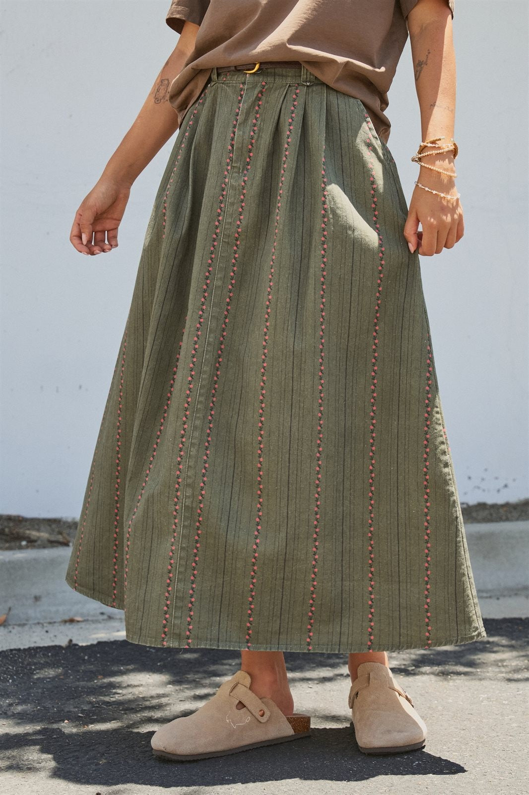 Floral Embroidered Cotton Twill Midi Skirt with Belt in Olive - Women's Skirts | Urban Daizy