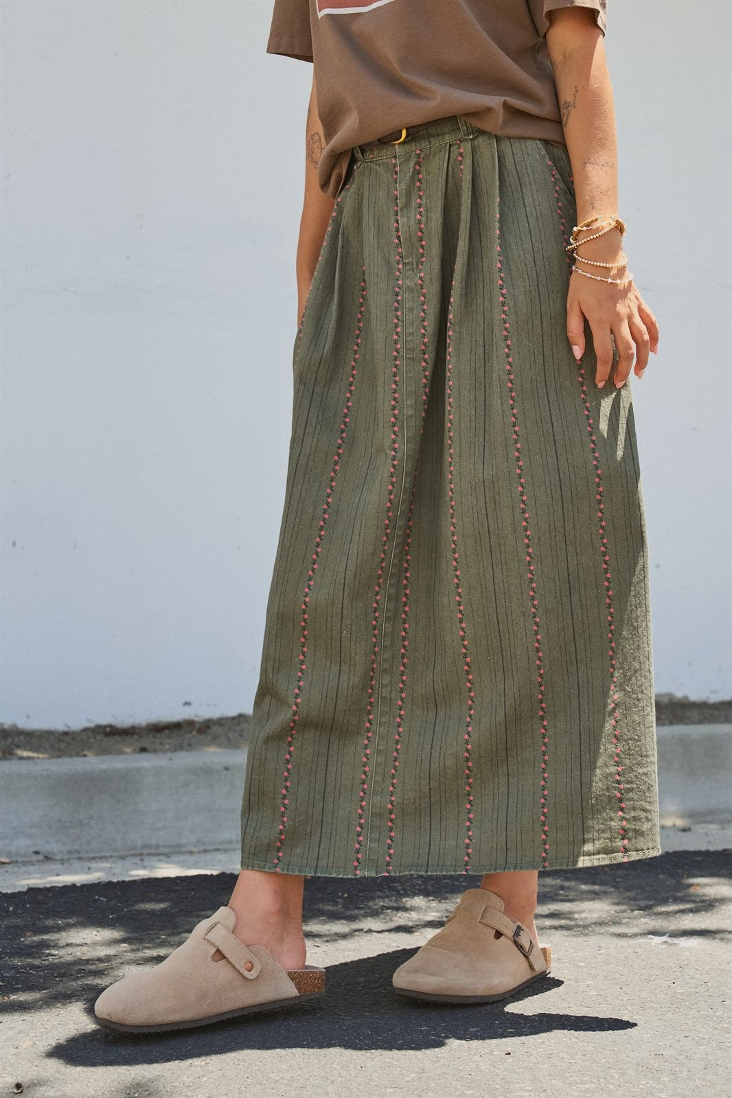 Floral Embroidered Cotton Twill Midi Skirt with Belt in Olive - Women's Skirts | Urban Daizy