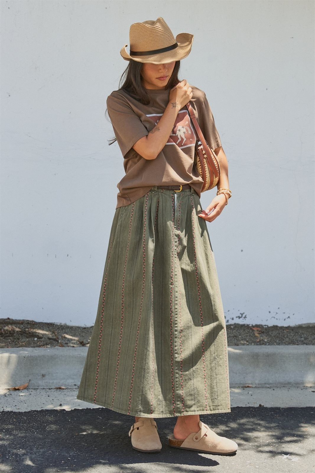Floral Embroidered Cotton Twill Midi Skirt with Belt in Olive - Women's Skirts | Urban Daizy