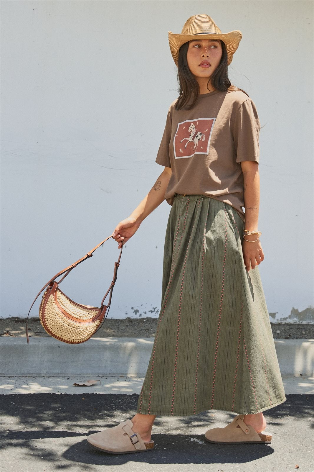 Floral Embroidered Cotton Twill Midi Skirt with Belt in Olive - Women's Skirts | Urban Daizy