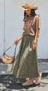 Floral Embroidered Cotton Twill Midi Skirt with Belt in Olive - Women's Skirts | Urban Daizy