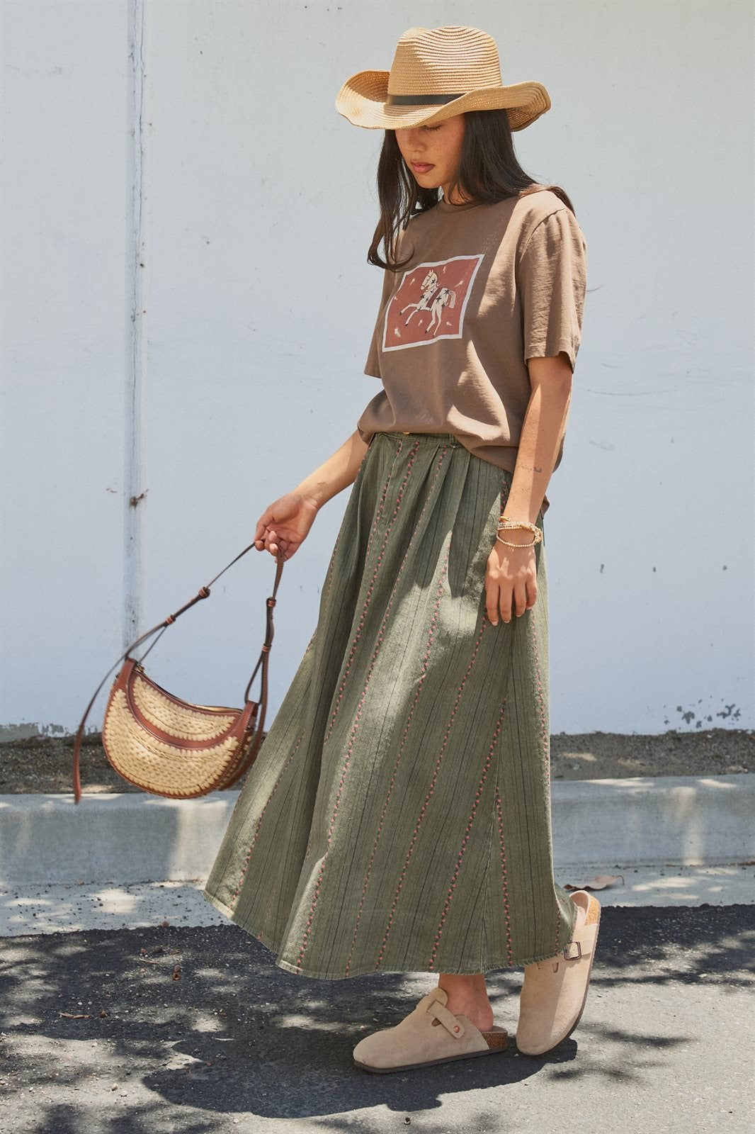 Floral Embroidered Cotton Twill Midi Skirt with Belt in Olive - Women's Skirts | Urban Daizy