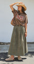 Floral Embroidered Cotton Twill Midi Skirt with Belt in Olive - Women's Skirts | Urban Daizy