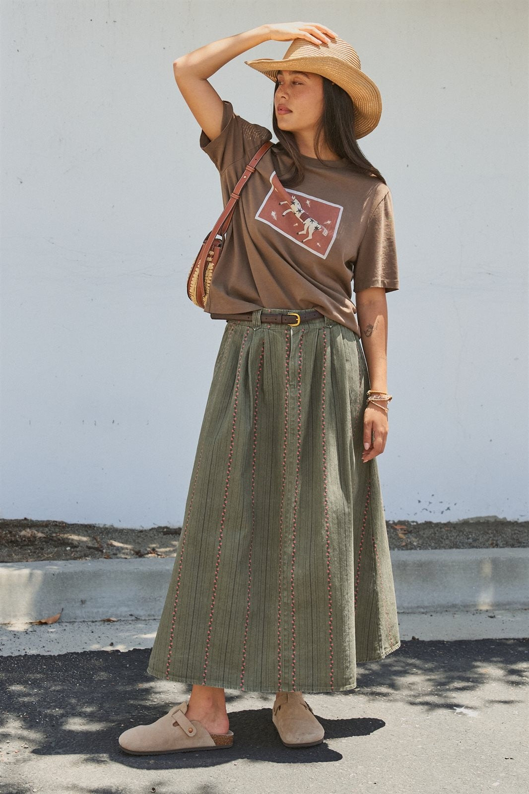 Floral Embroidered Cotton Twill Midi Skirt with Belt in Olive - Women's Skirts | Urban Daizy