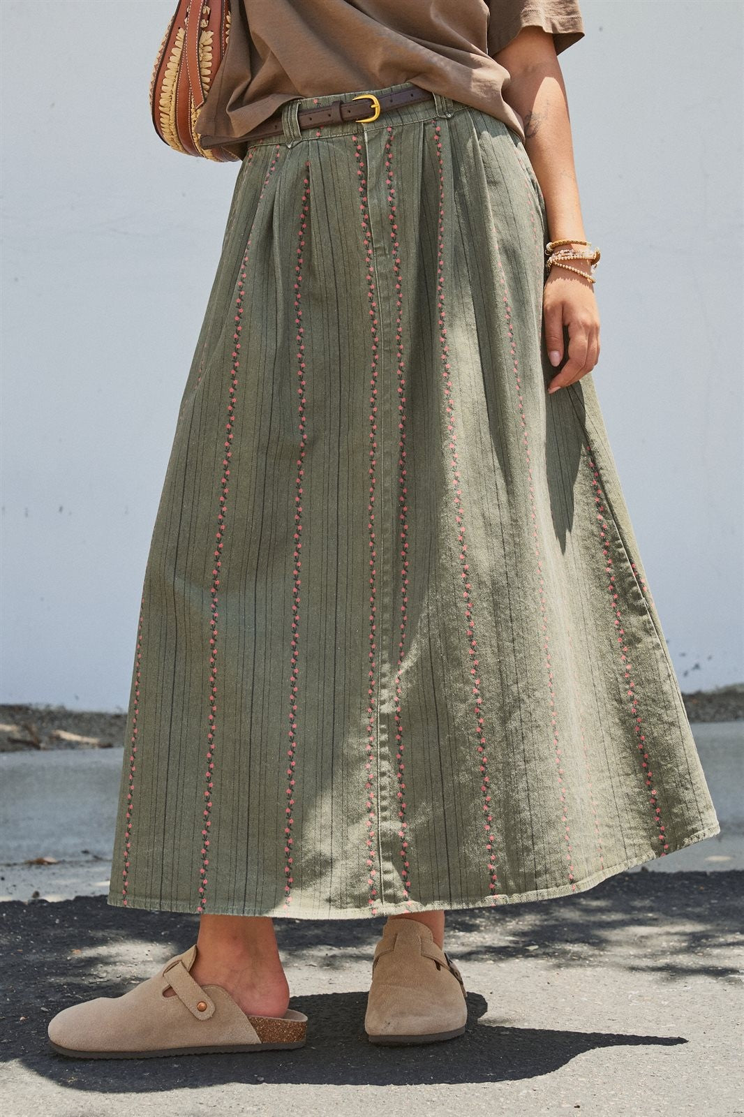 Floral Embroidered Cotton Twill Midi Skirt with Belt in Olive - Women's Skirts | Urban Daizy