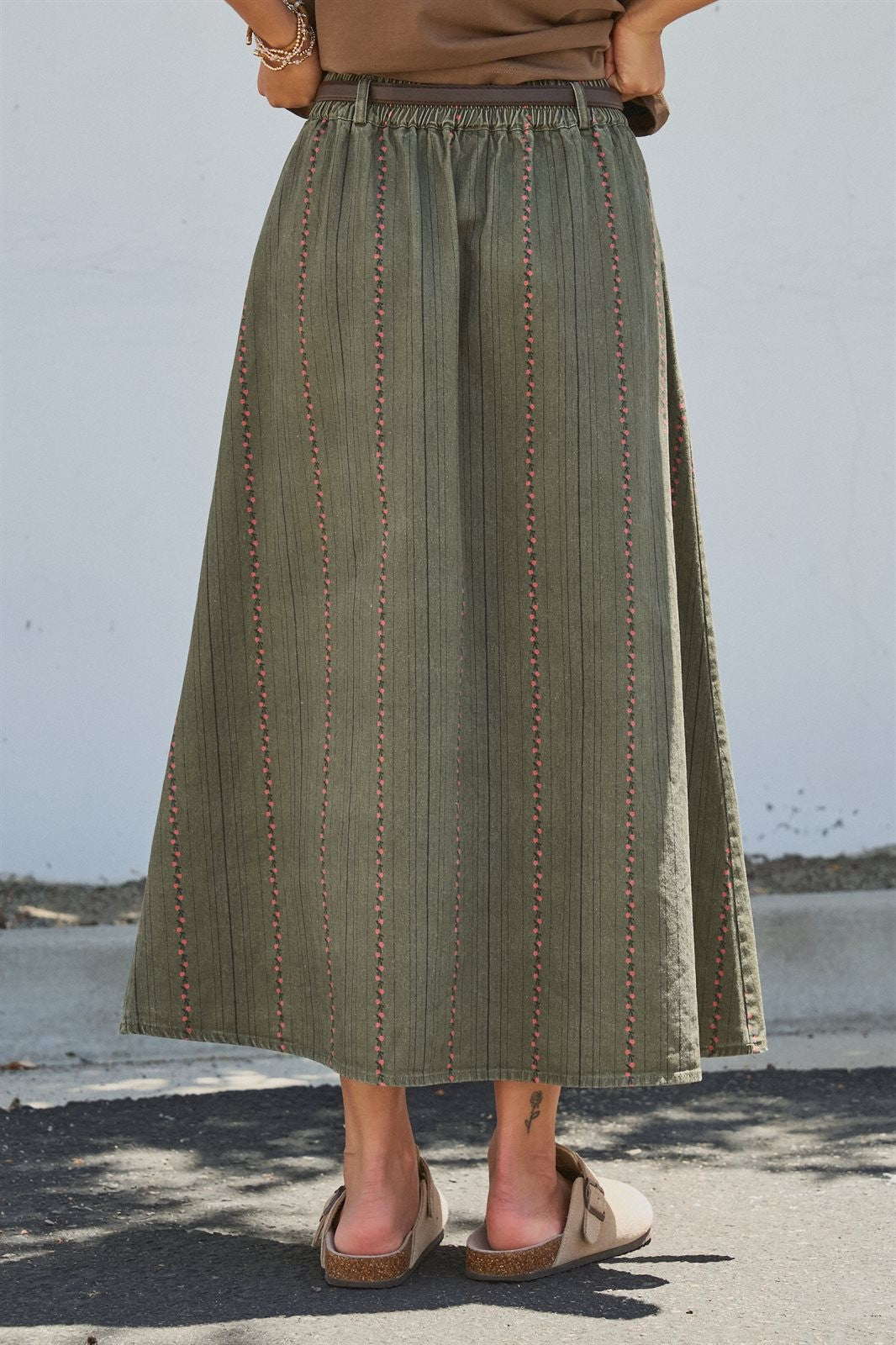 Floral Embroidered Cotton Twill Midi Skirt with Belt in Olive - Women's Skirts | Urban Daizy