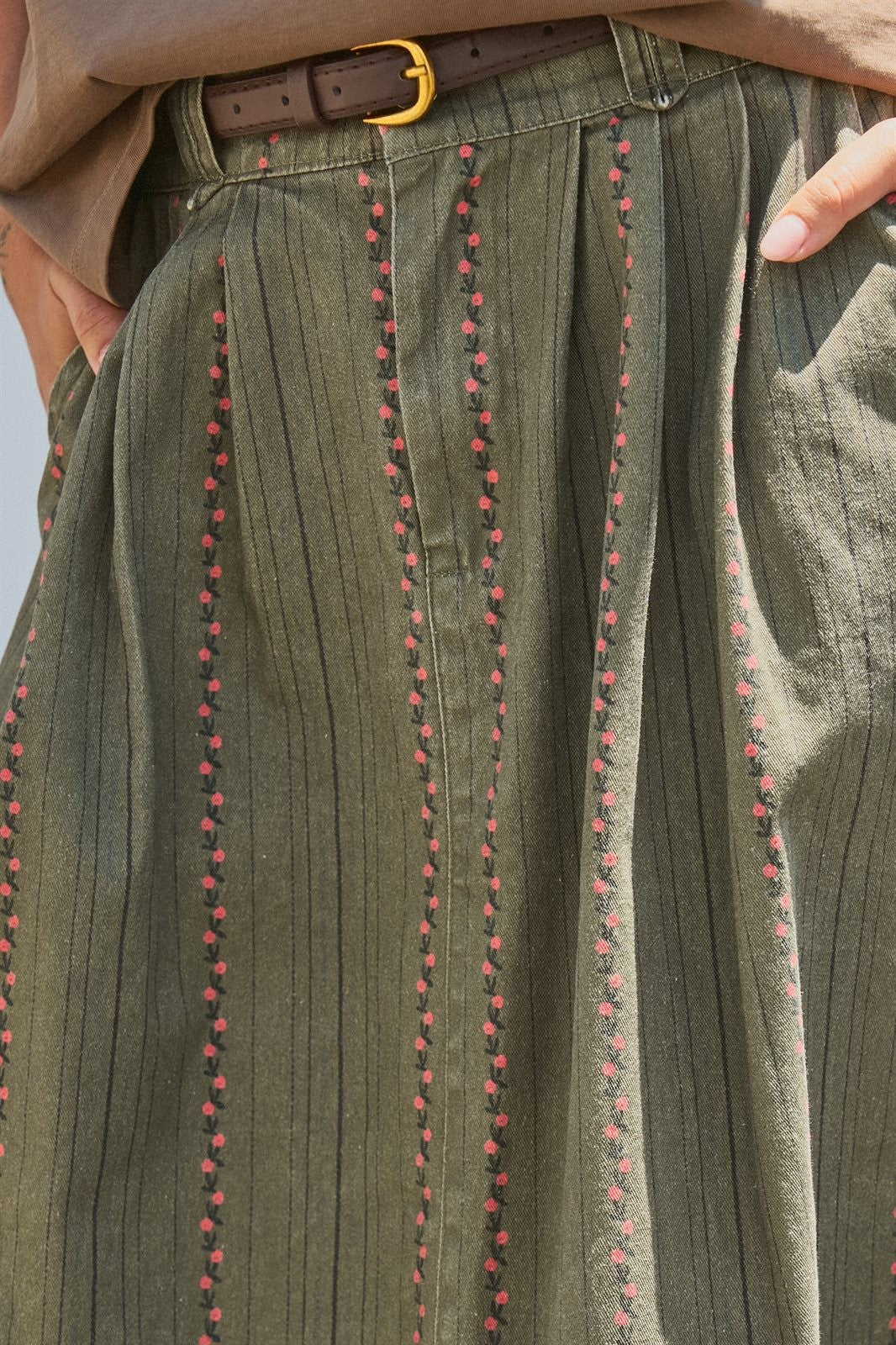 Floral Embroidered Cotton Twill Midi Skirt with Belt in Olive - Women's Skirts | Urban Daizy